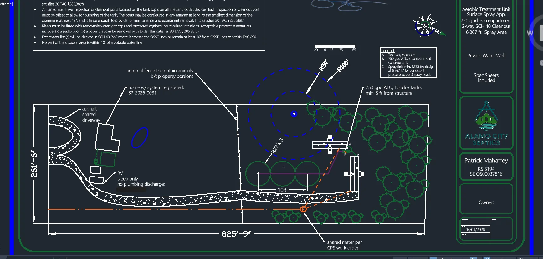 CAD site plan for an aerobic treatment unit with surface spray dispersal: long property with shared driveway, 750 gpd three-compartment ATU, and a spray field with two spray-head radius circles sized to the design flow