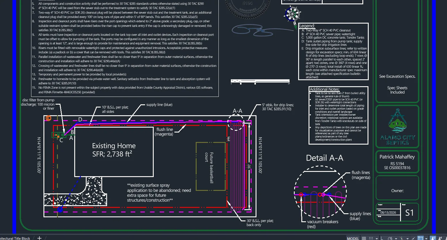 CAD site plan for a drip-irrigation retrofit of an existing home: existing 2,738 ft² residence, 750 gpd ATU, supply and flush lines, and a drip dispersal field with a Detail A-A callout of the vacuum breakers and manifold