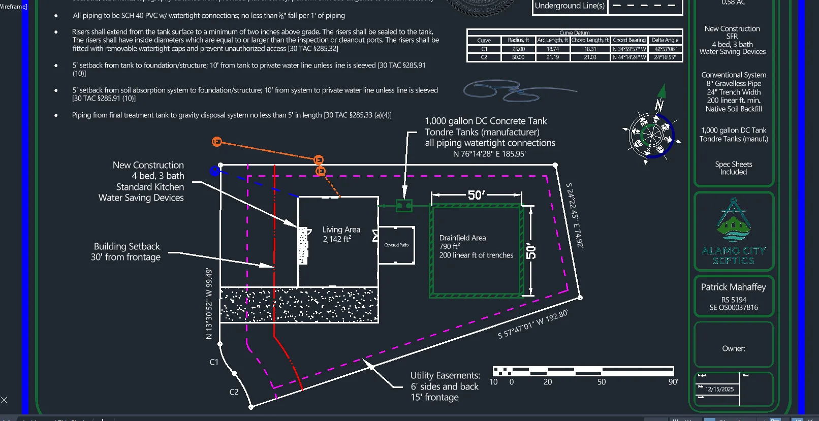 CAD site plan for a new-construction conventional gravelless-pipe system: property boundary with bearings and curve data, home footprint, 1,000 gallon dual-compartment concrete tank, and a dimensioned drainfield of gravelless pipe trenches