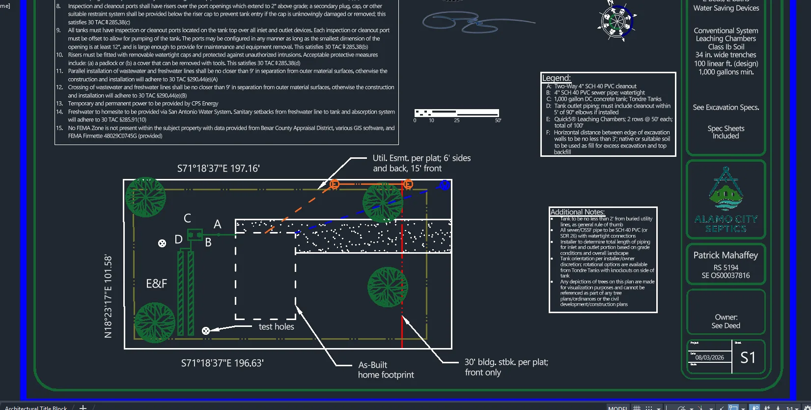 CAD site plan for a conventional leaching-chamber system on a platted lot: as-built home footprint, two-way cleanout, 1,000 gallon concrete tank, and two rows of leaching chambers with setbacks and utility easements noted