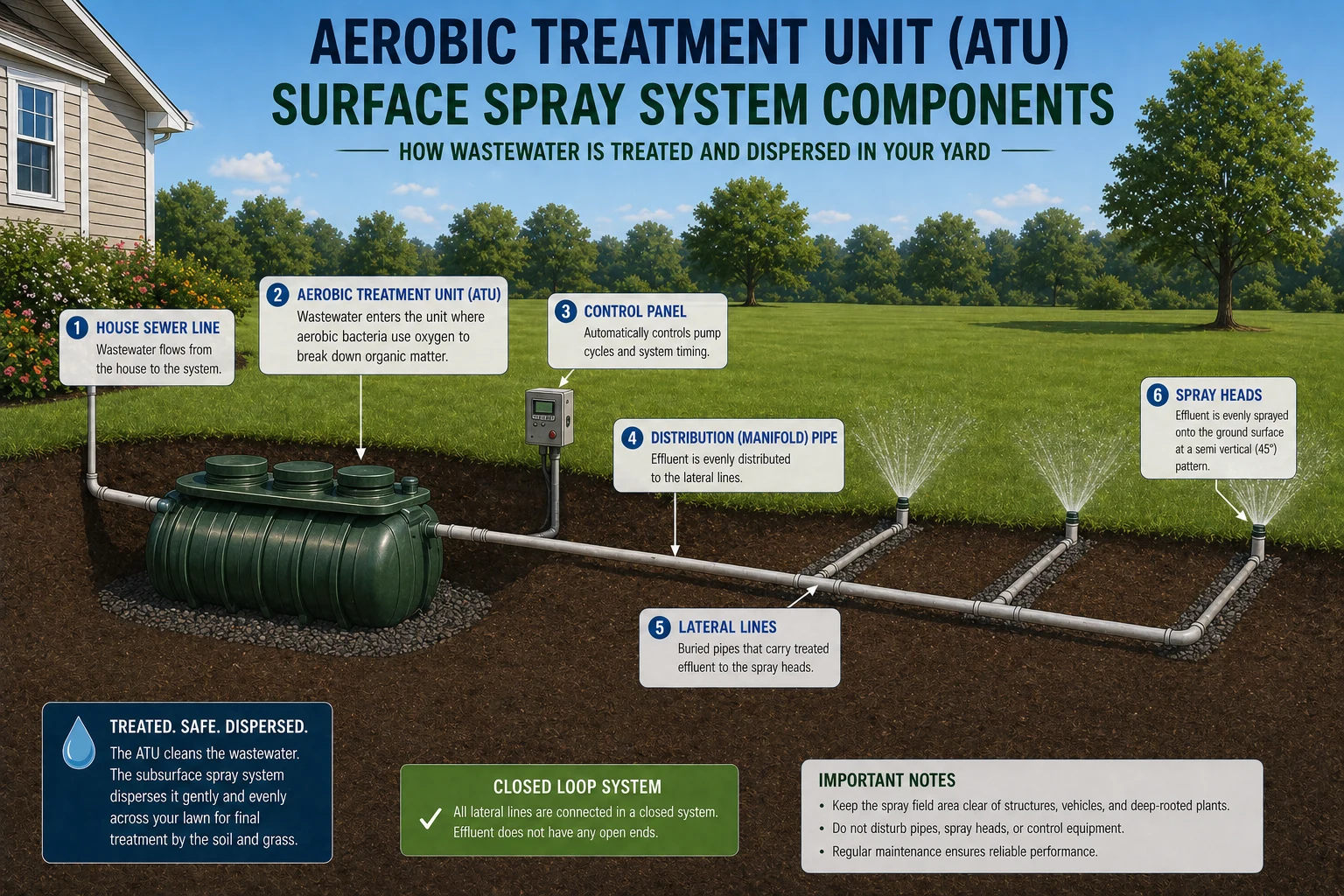 Cutaway illustration of an aerobic treatment unit with lateral lines feeding surface spray heads across a yard